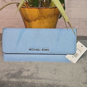 Michael Kors Jet Set Travel Large Tri-fold Saffiano Leather Wallet Pale Blue
